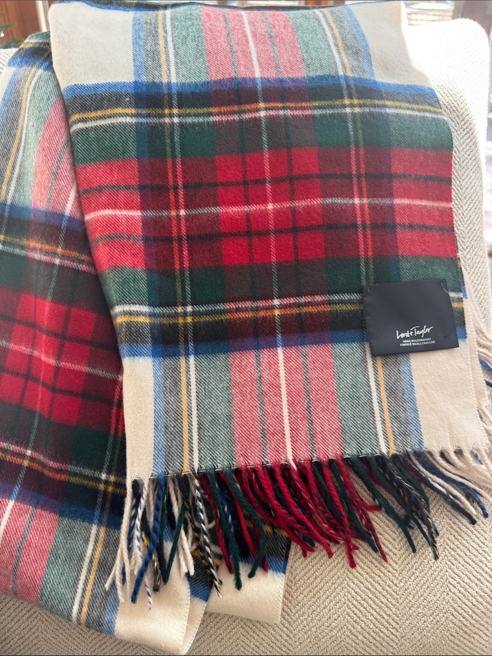 Lord & Taylor Plaid Lambswool Scarf in Red, Green, Cream, Blue